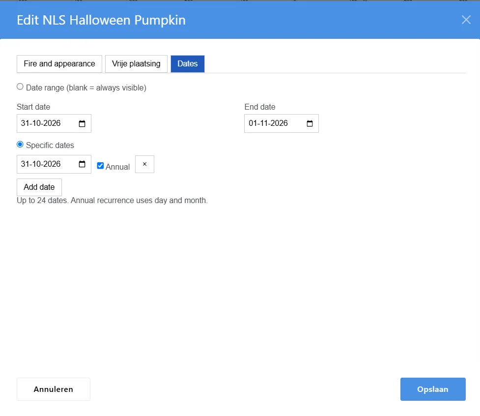 Dialoogvenster ‘Edit NLS Halloween Pumpkin’ met tabblad ‘Dates’, datums 31-10-2026 en 01-11-2026, jaarlijkse herhaling en knoppen ‘Annuleren’ en ‘Opslaan’.