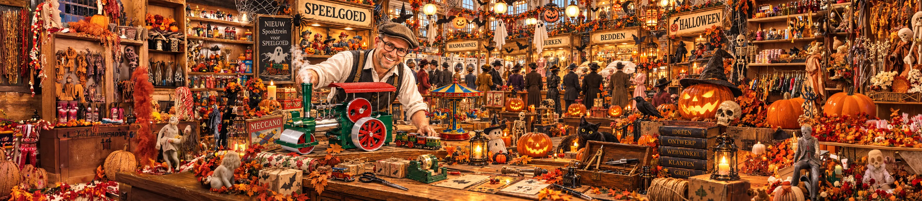 halloweenBanner.webp Overvolle speelgoedwinkel met Halloweenversieringen, pompoenen, poppen en skeletten; een glimlachende man bedient een groen speelgoedmachientje aan een toonbank.