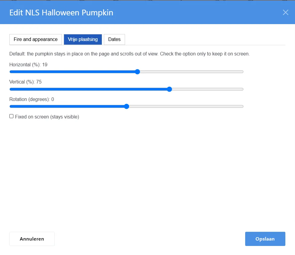 Dialoogvenster ‘Edit NLS Halloween Pumpkin’ met tabblad ‘Vrije plaatsing’, schuifregelaars voor horizontale, verticale positie en rotatie, selectievakje en knoppen.