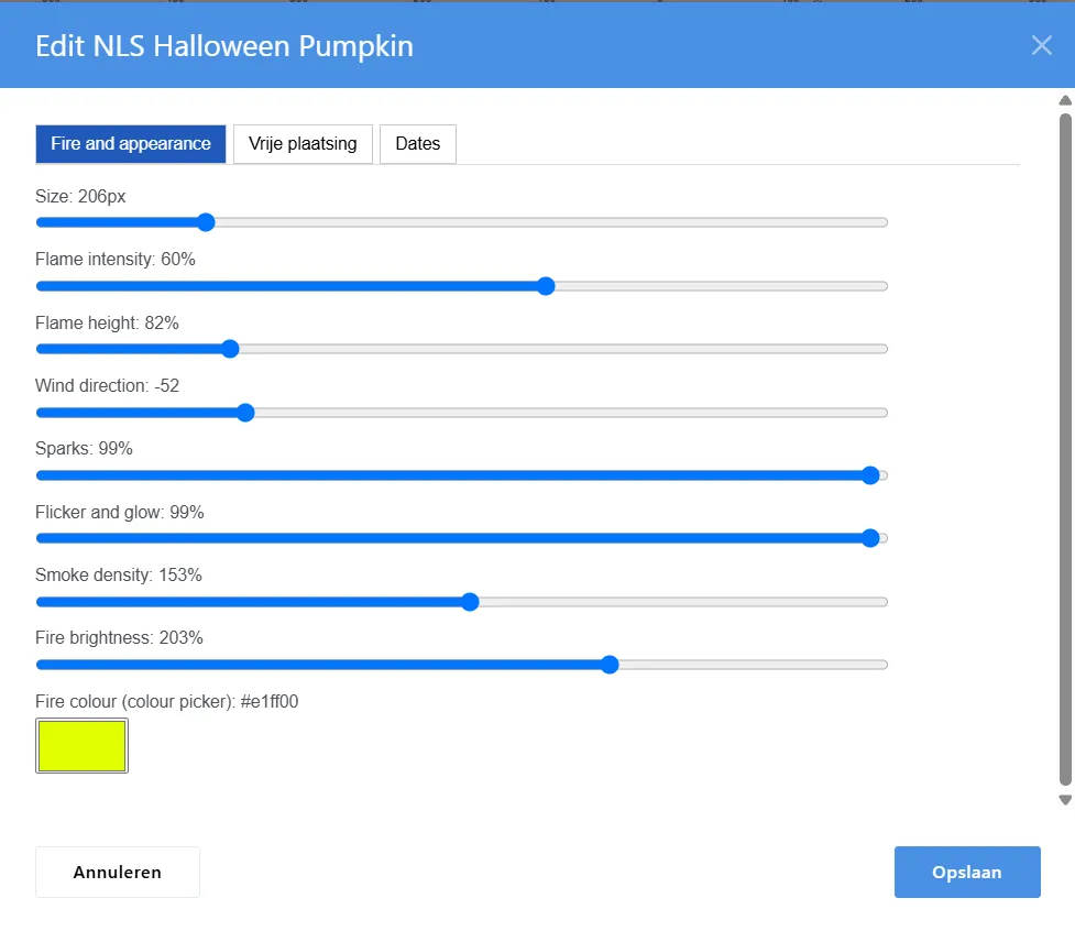 Dialoogvenster ‘Edit NLS Halloween Pumpkin’ met tabbladen, schuifregelaars voor vuurinstellingen, een felgele kleurstaal en knoppen ‘Annuleren’ en ‘Opslaan’.